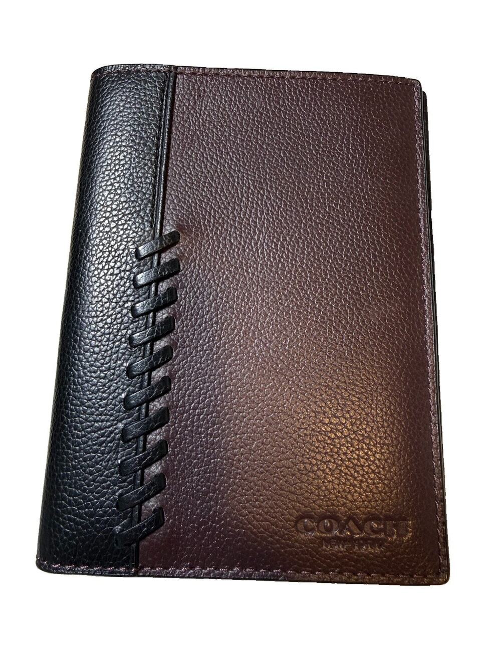 Coach Calf Leather Baseball Stitch Passport Case In Oxblood/Black